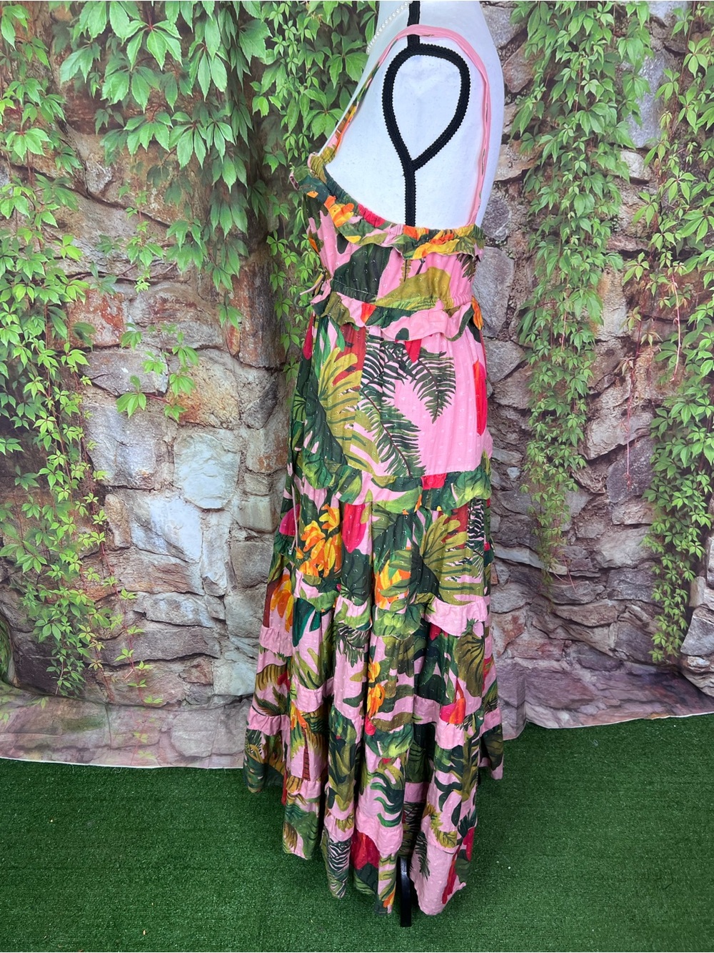 FARM RIO Pink Cocoa Forest Botanical Resortwear Tiered Maxi Dress, L - Picture 6 of 13